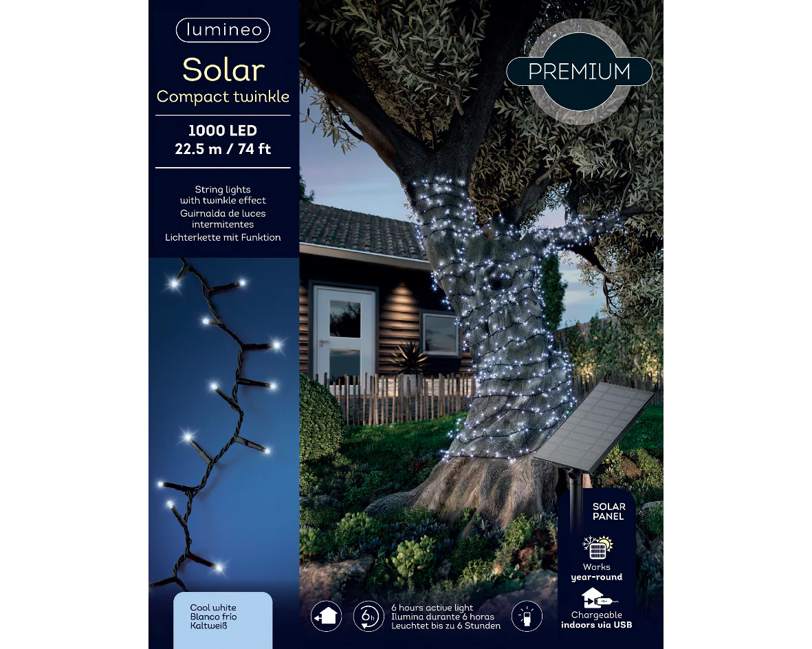 Lumineo Solar Powered 1000 Compact Twinkle Cool White LightsWith Black Cable 22.5m - Image 3
