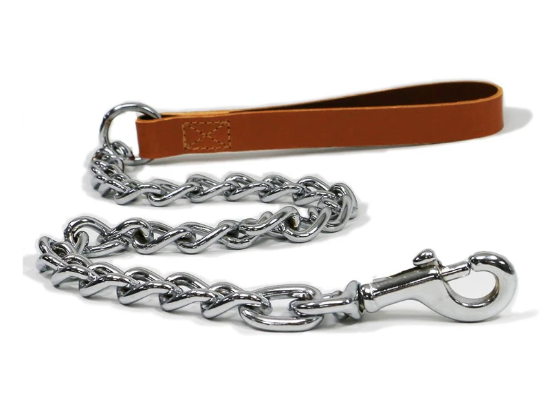 Ancol Chain Lead With Tan Leather Hand Loop 80cm (Extra Heavy)