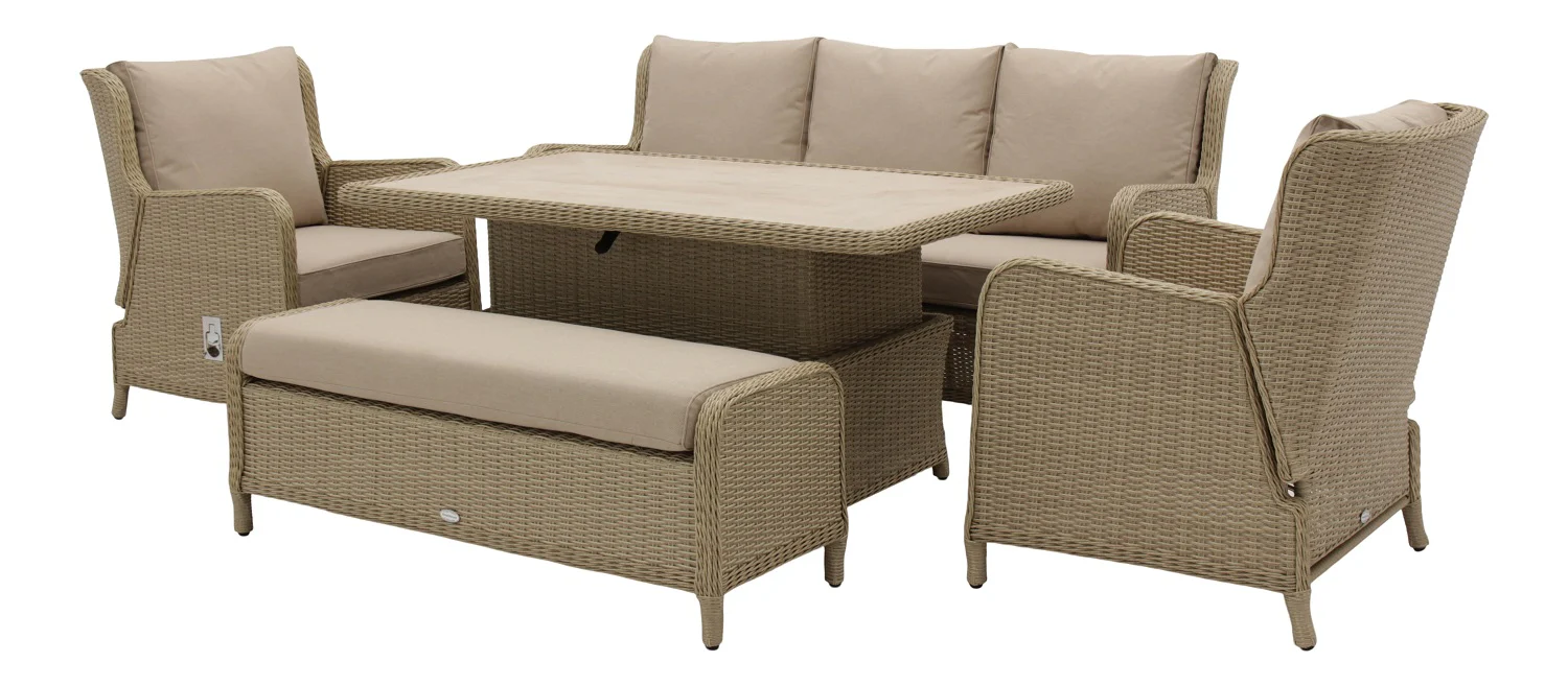 Chedworth Reclining 3 Seat Sofa, Piston Adjustable Ceramic Rectangle Table, 2 Sofa Chairs & Bench - Sandstone - Image 3