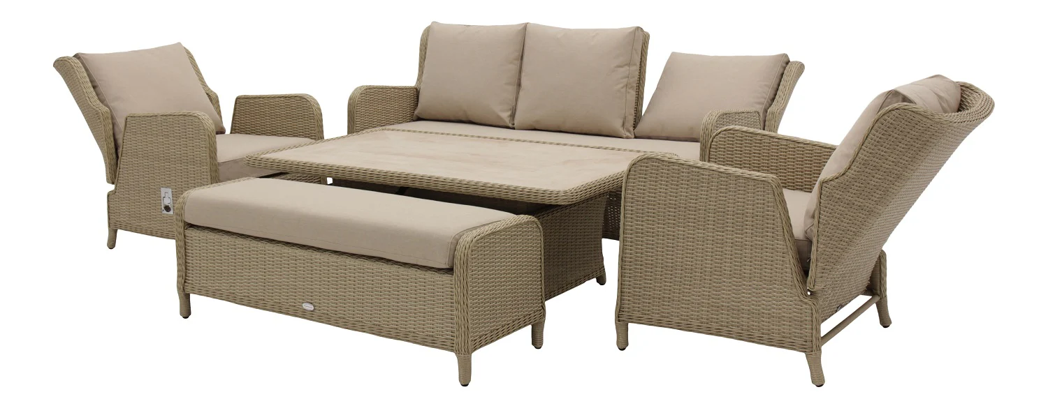 Chedworth Reclining 3 Seat Sofa, Piston Adjustable Ceramic Rectangle Table, 2 Sofa Chairs & Bench - Sandstone - Image 4