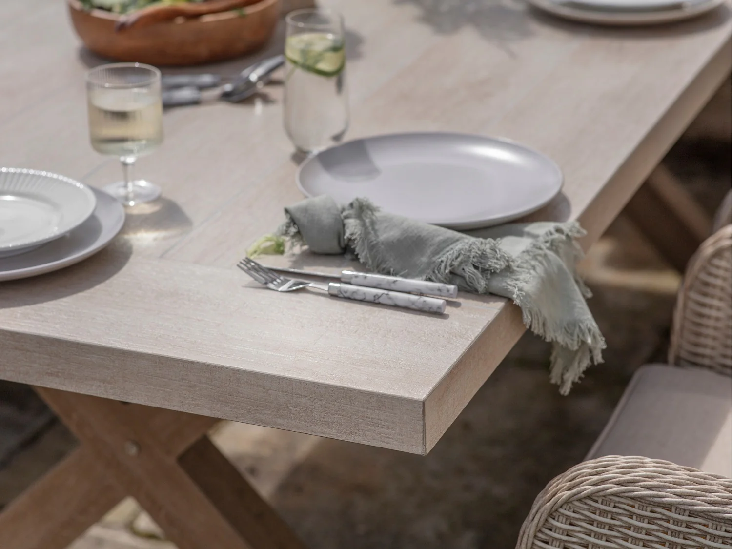 Chedworth Sandstone Ceramic Rectangle Table with 8 Rattan High Back Armchairs - Image 3
