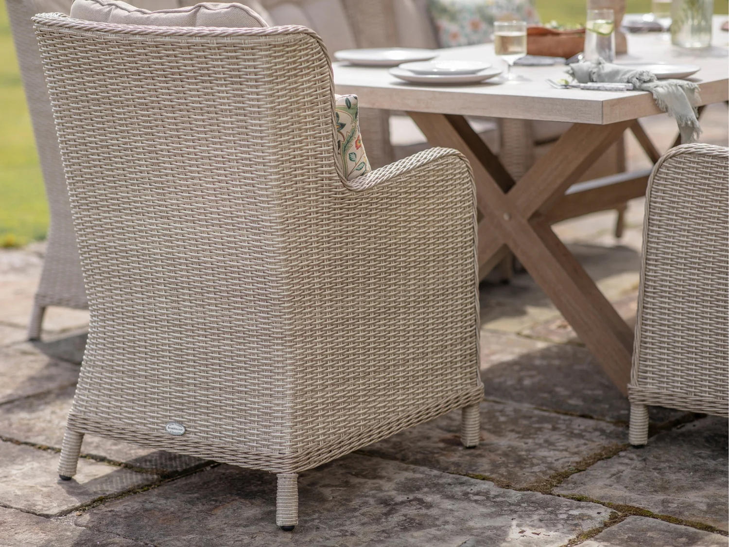 Chedworth Sandstone Ceramic Rectangle Table with 8 Rattan High Back Armchairs - Image 4