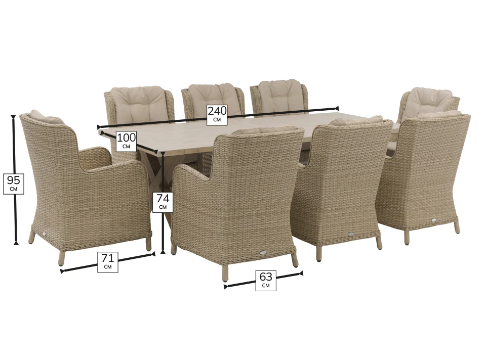 Chedworth Sandstone Ceramic Rectangle Table with 8 Rattan High Back Armchairs - Image 6