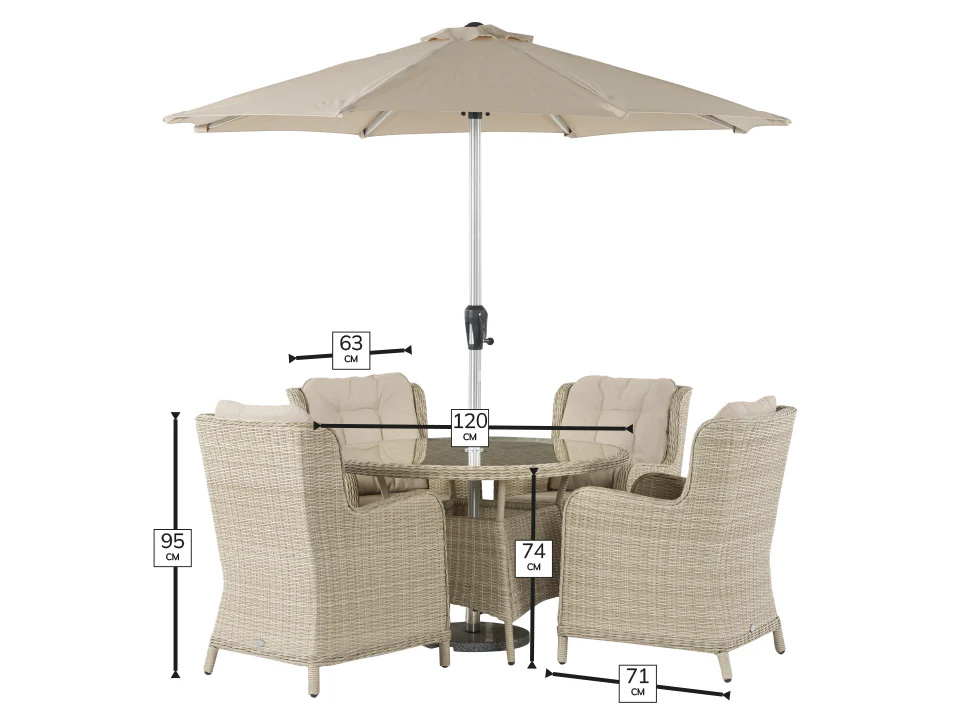 Chedworth Sandstone Rattan 4 High Back Seat, Round Dining Set with Parasol & Base - Image 6