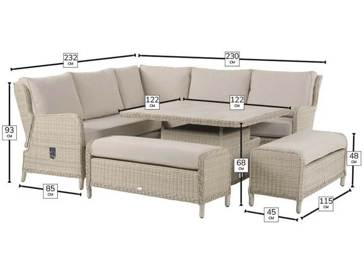 Chedworth Sandstone Rattan Reclining Corner Sofa with Piston Adjustable Ceramic Rectangle Table & 2 Benches - Image 4