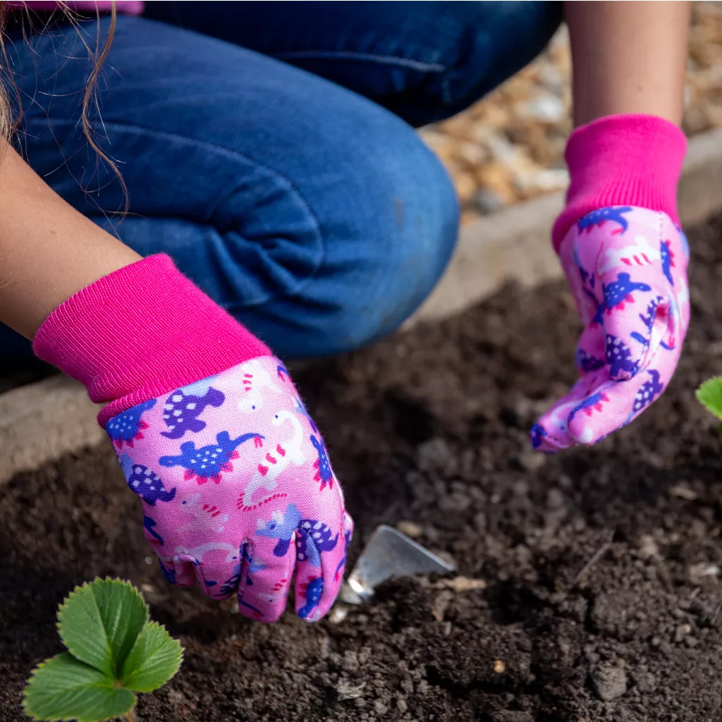 Kent & Stowe Pink Dinosaur Kids Gardening Gloves - Image 2