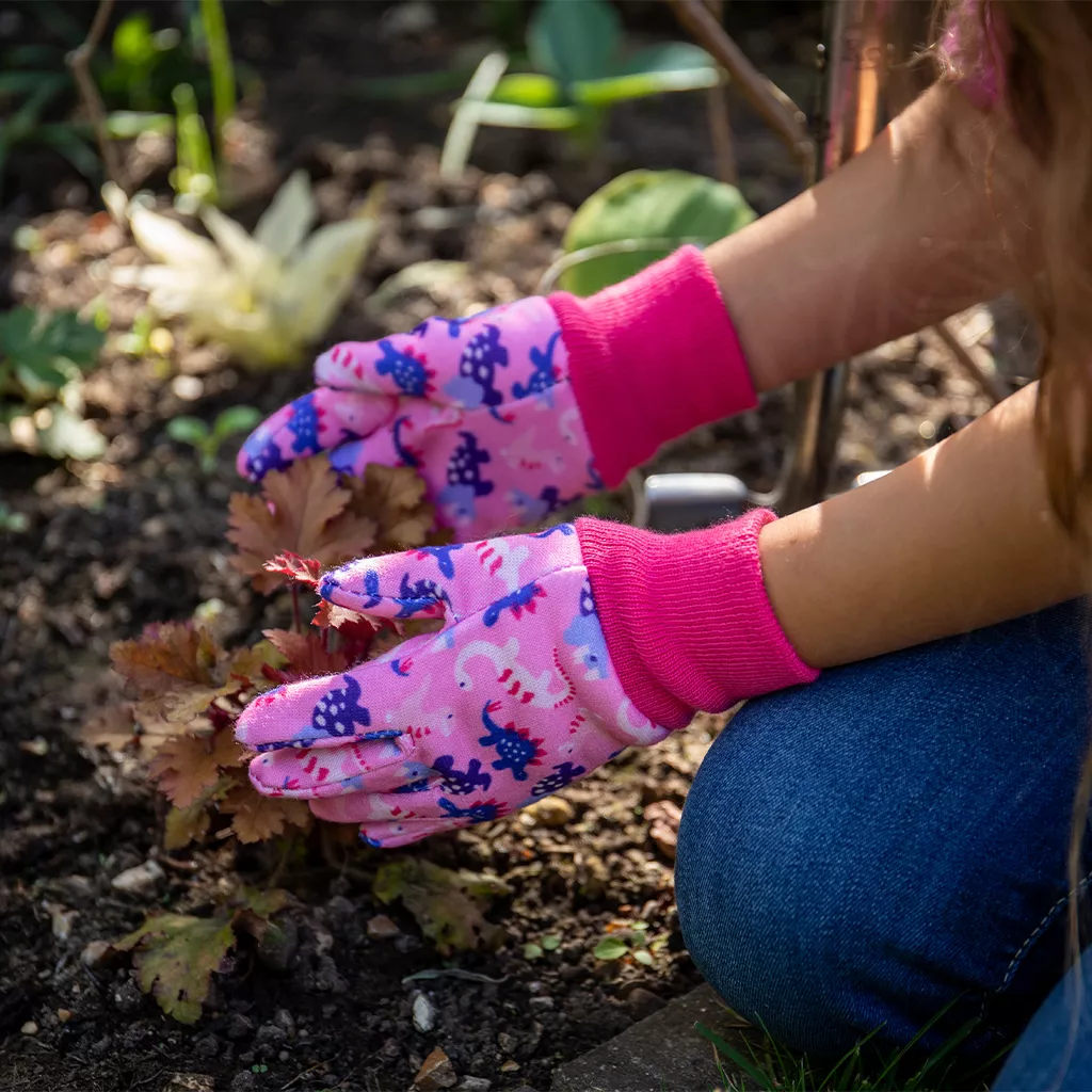 Kent & Stowe Pink Dinosaur Kids Gardening Gloves - Image 3