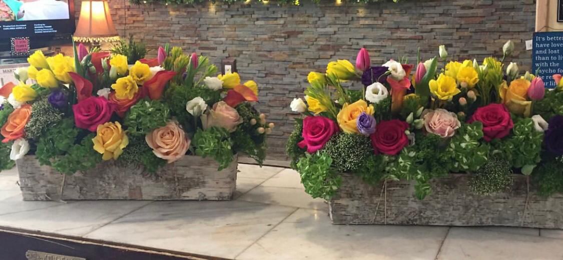 Long and Low Bark Centerpiece with a Mix of Flowers