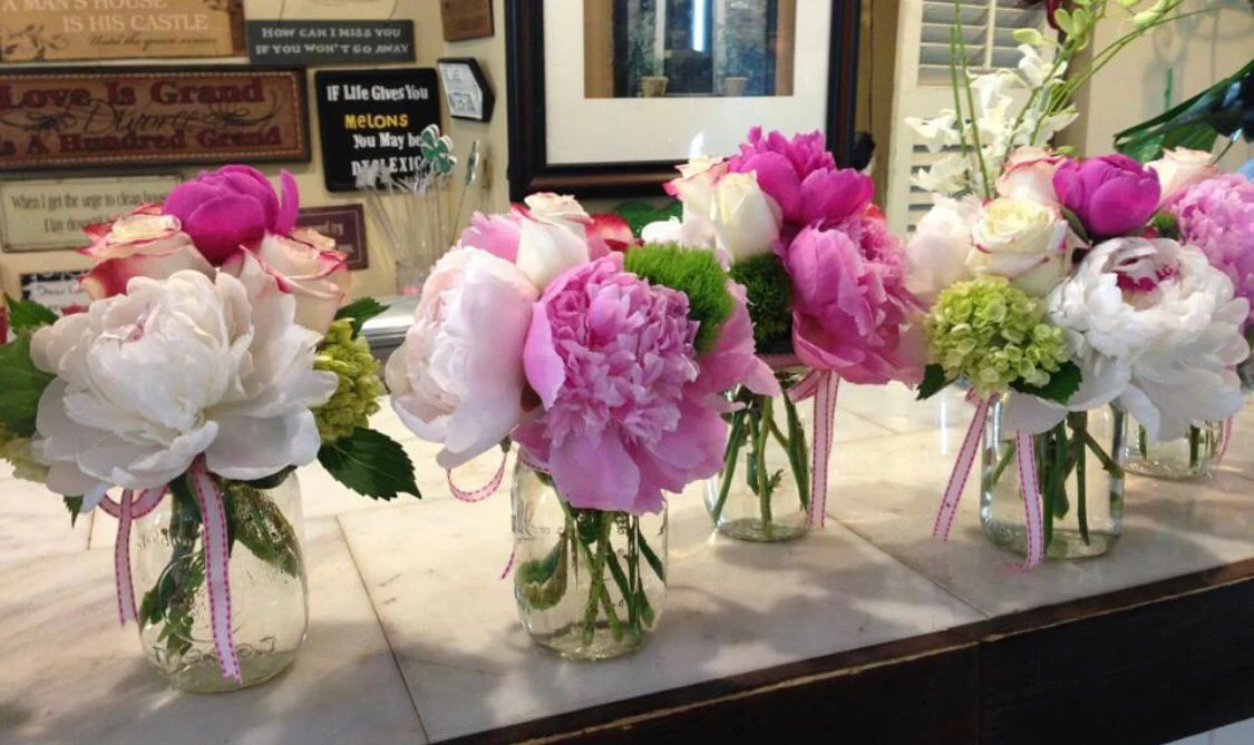 Milk Bottle Bud Vases filled with Peonies