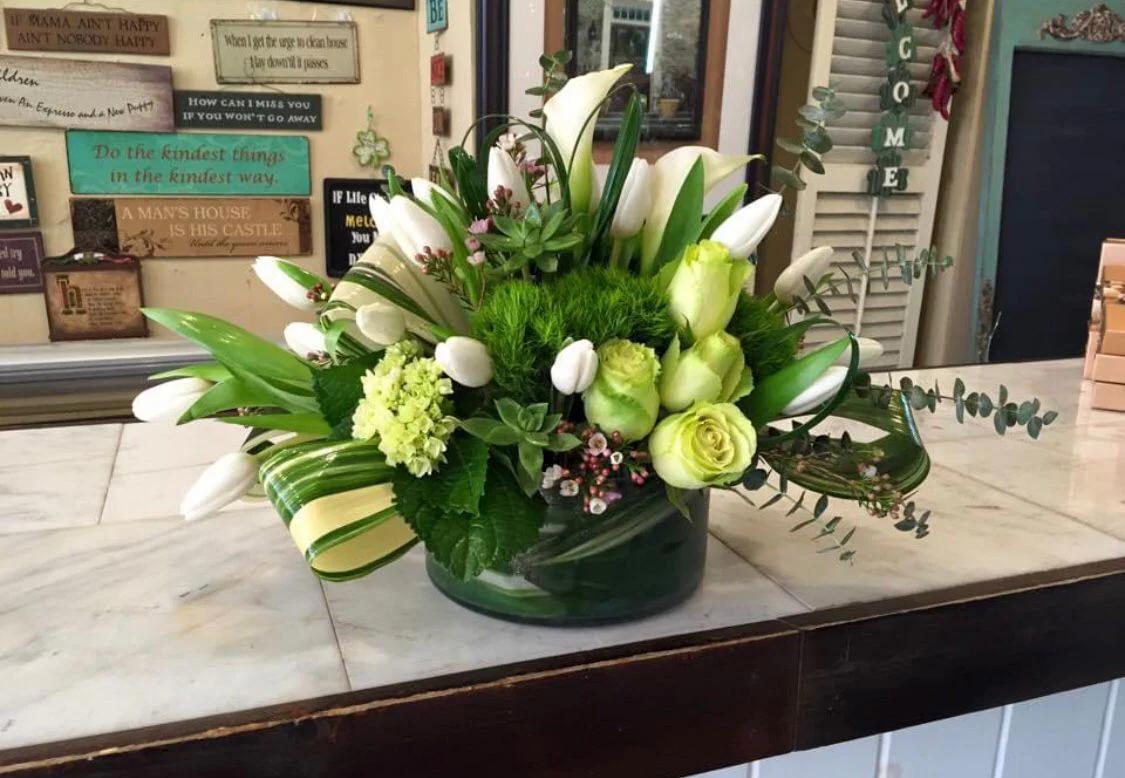 Oblong Cylinder Vase Arrangement of all White Flowers