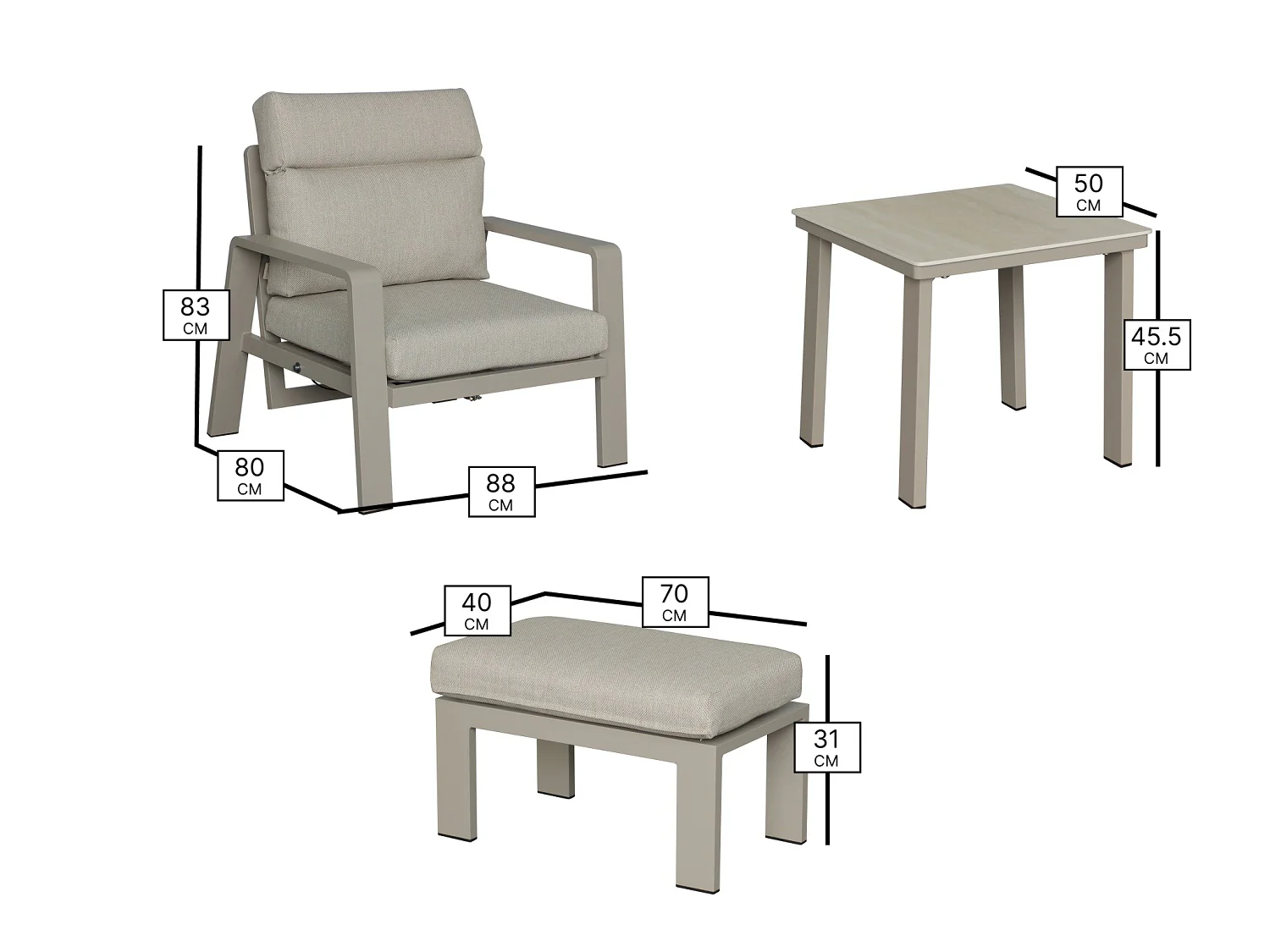 Prague 2 x Reclining Sofa Chairs with Footstools & Sinterstone Side Table - Latte - Image 7