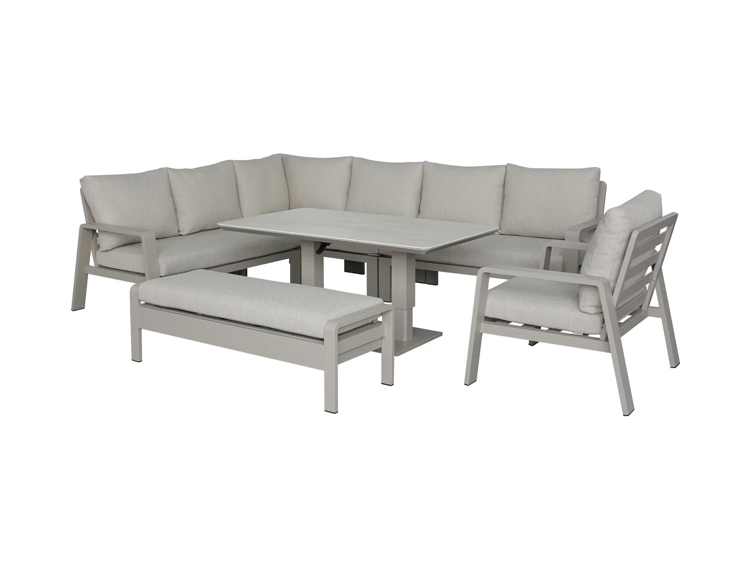 Prague L Shape Sofa with Piston Adjustable Rectangle Table, Bench & Chair - Latte - Image 6