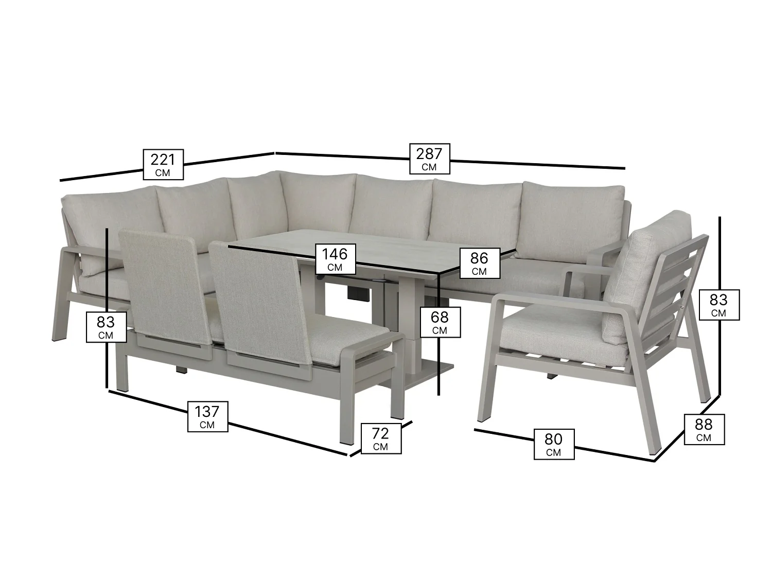 Prague L Shape Sofa with Piston Adjustable Rectangle Table, Bench & Chair - Latte - Image 7